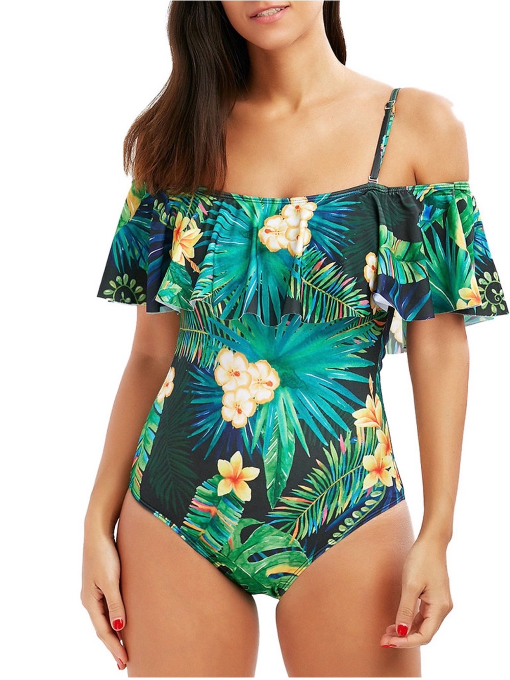 Vintage Printing One Piece Swimsuits Off Shoulder Swimwear Tropical Floral XS